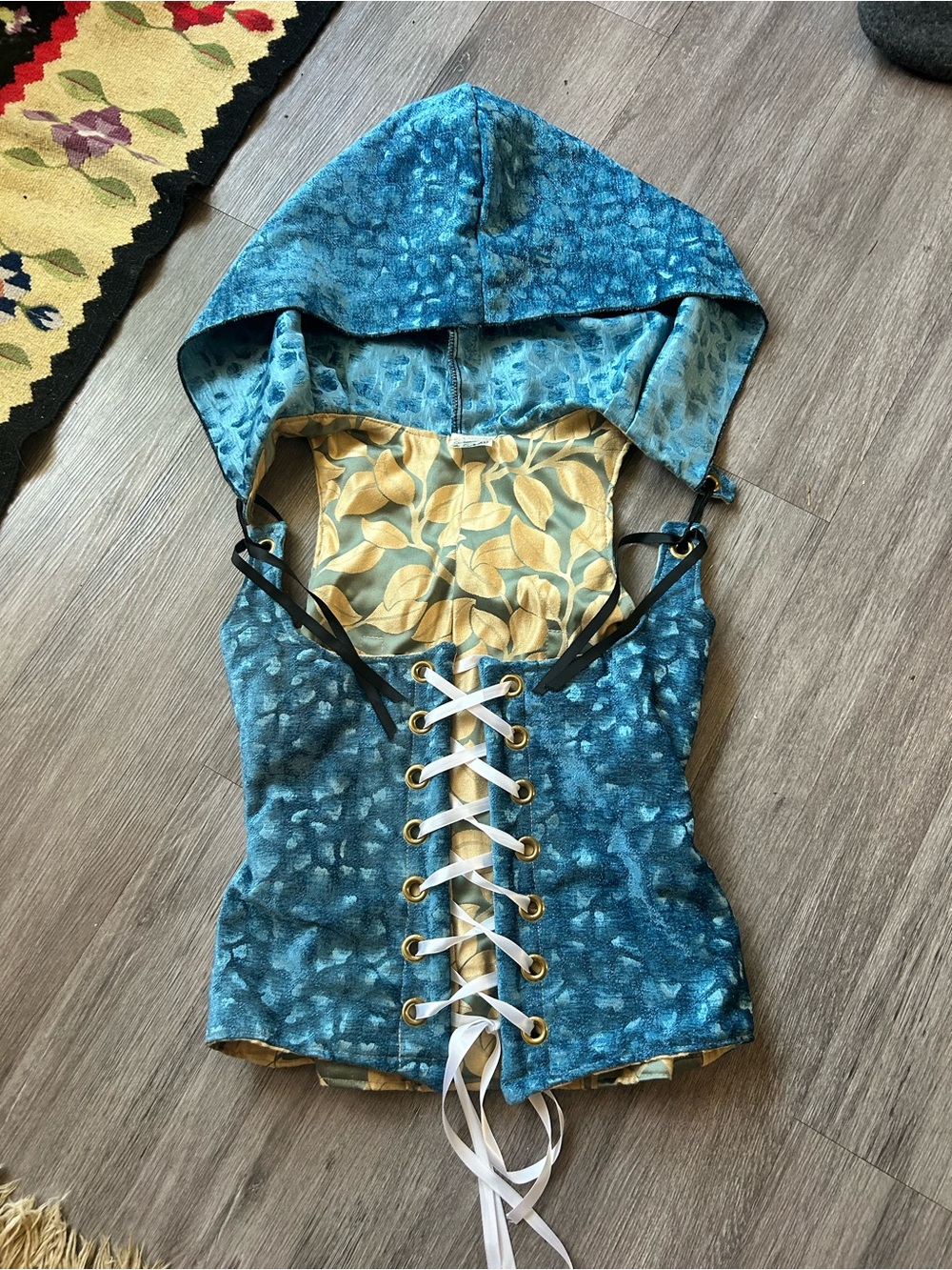 Women's Blue Hooded Lace-Up Vest with Patterned Lining